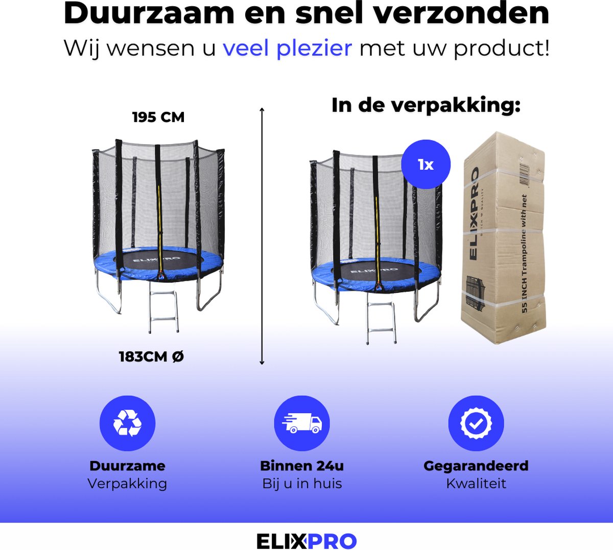 ElixPro Trampoline - Inclusief veiligheidsnet en instapladder - Trampoline 183cm - Blauw