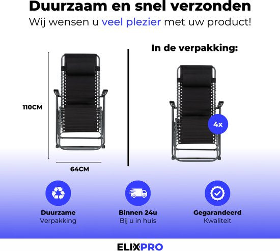 Elixpro - 2 in 1 Tuinstoel 4x - inclusief Hoofdkussen - Opvouwbaar en Verstelbaar