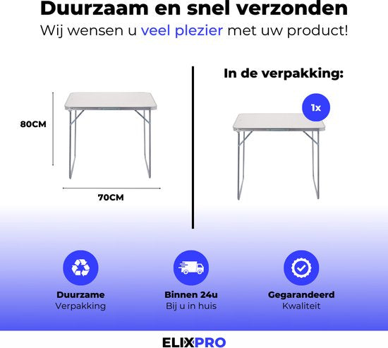 ElixPro Campingtafel - 80x60x70 cm - Aluminium Inklapbare Tafel - Inclusief Handvat