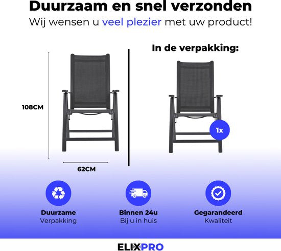 ElixPro - Tuinstoel - 7 Verstelbare Standen - Aluminium Tuinstoel - Inklapbaar - Zwart