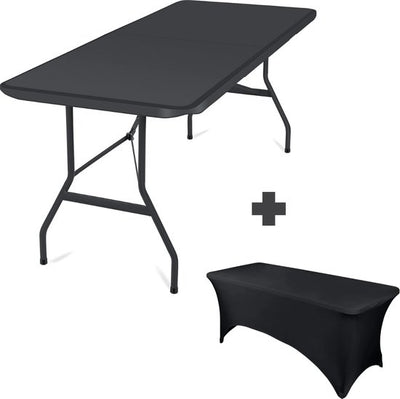 Elixpro Vouwtafel Zwart 1x + Vouwtafelrok zwart 1x - Inklapbare tafel - 180x70cm - Weerbestendig - Klaptafel hoes- Campingtafel - Draagbare inklaptafel - Zwart