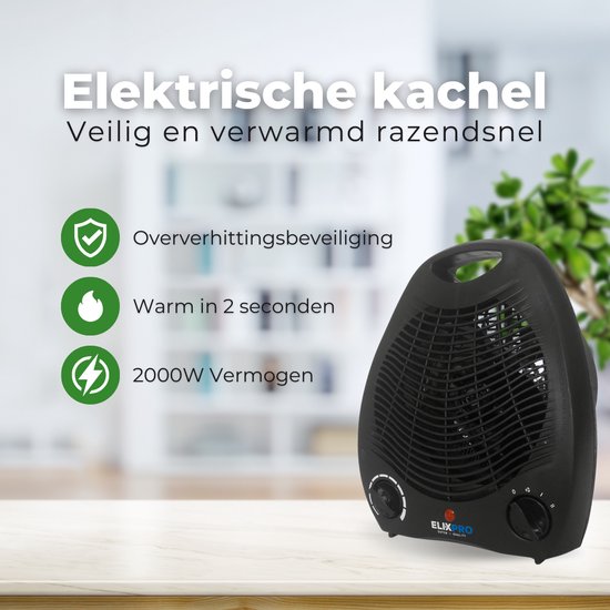 Ventilatorkachel - Elektrische kachel - 2 warmtestanden - 2000Watt- Zwart